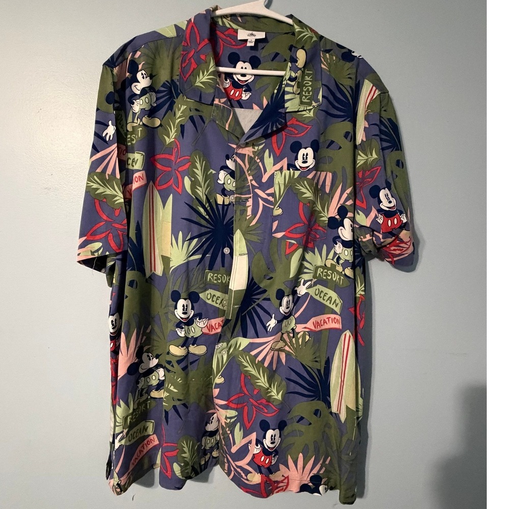 Disney Mickey Mouse Men's L Tropical Aloha Shirt Blue Green Resort Vacation 0712